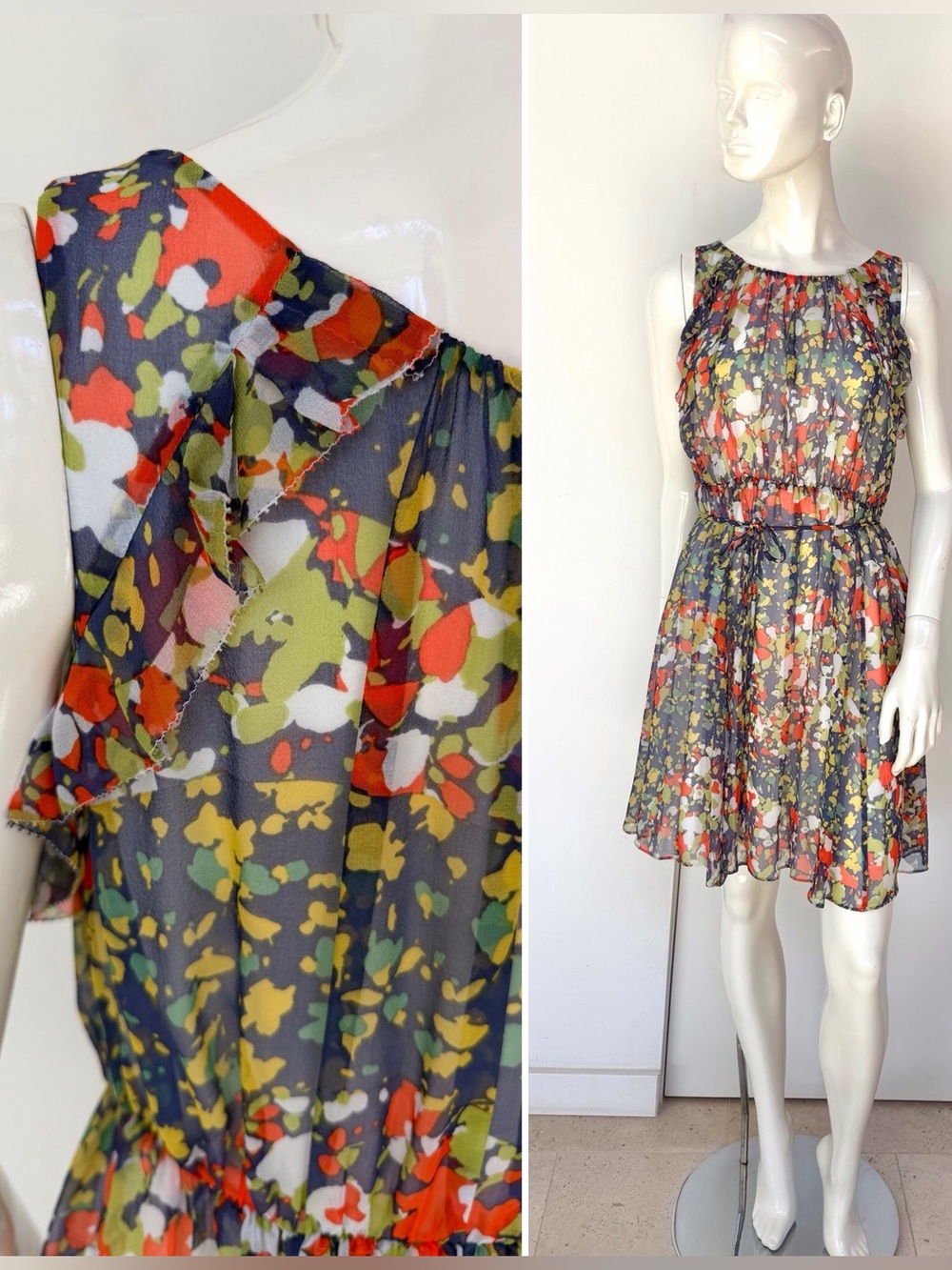 Hanii Y 100% Silk Multicolor Chiffon Abstract Floral Mini Dress with Self Tie S